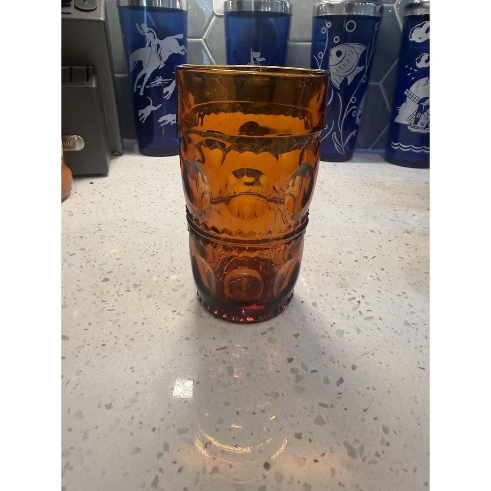 Indiana Tiara Amber Gold Kings Crown Thumbprint 5 3/8" Tumbler Mid Century Glass - Picture 1 of 4